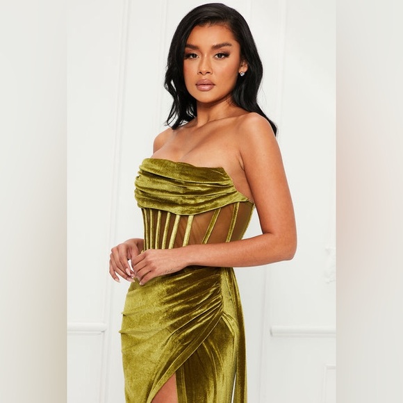 Fashion Nova  Velvet Olive Green Strapless Gown - Picture 4 of 11
